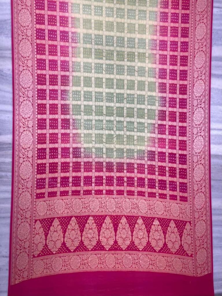 Rani Bandhni Fancy dye Georgette Saree Panetar Zari Check Rani Bandhni Fancy dye Georgette Saree Panetar Zari Check