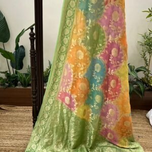 Pista Green Multi Dye Georgette Saree with Zari Border & Floral Pallu