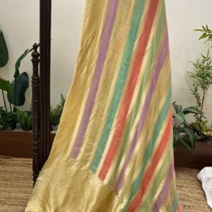 beige multi stripe georgette saree with zari border and pallu motif