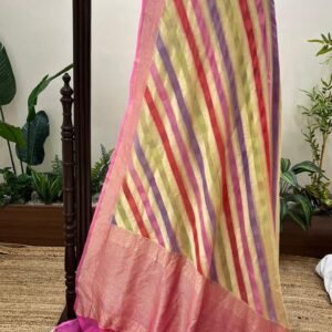 pink multi stripe georgette saree with zari border and pallu motif