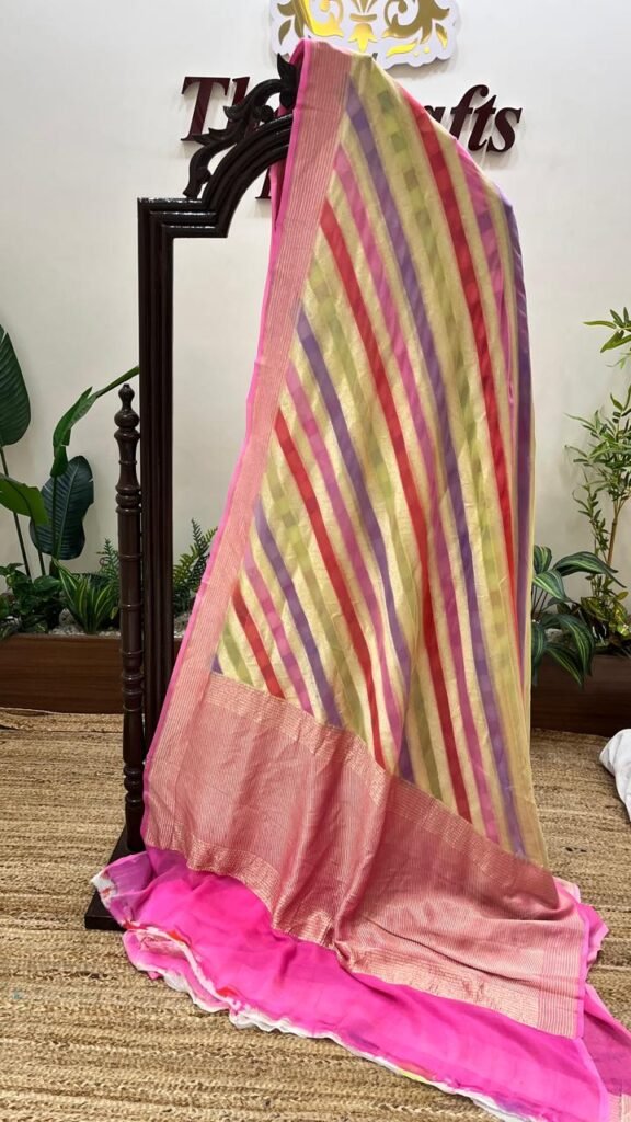 pink multi stripe georgette saree with zari border and pallu motif pink multi stripe georgette saree with zari border and pallu motif