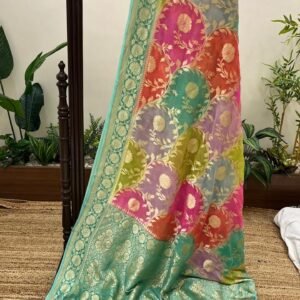 blue multi colour georgette saree with zari border and pallu motif