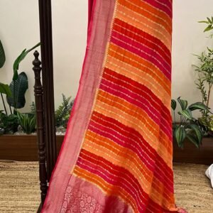 red gold stripe georgette saree with zari border and pallu motif