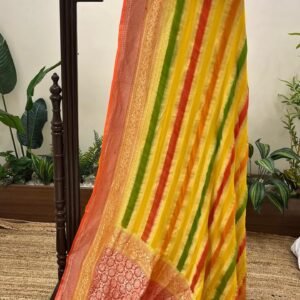 orange gold stripe georgette saree with zari border and pallu motif