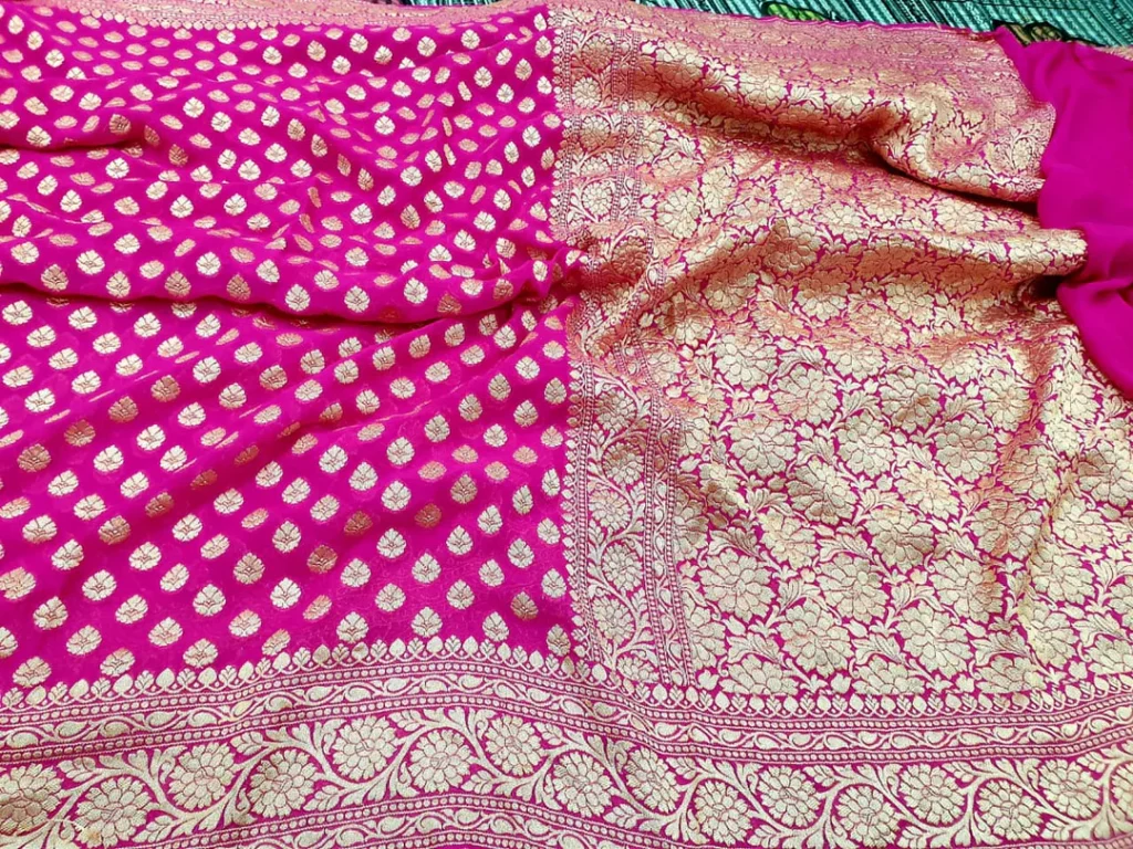 pink banarasi georgette sarees light weight sarees with zari motif